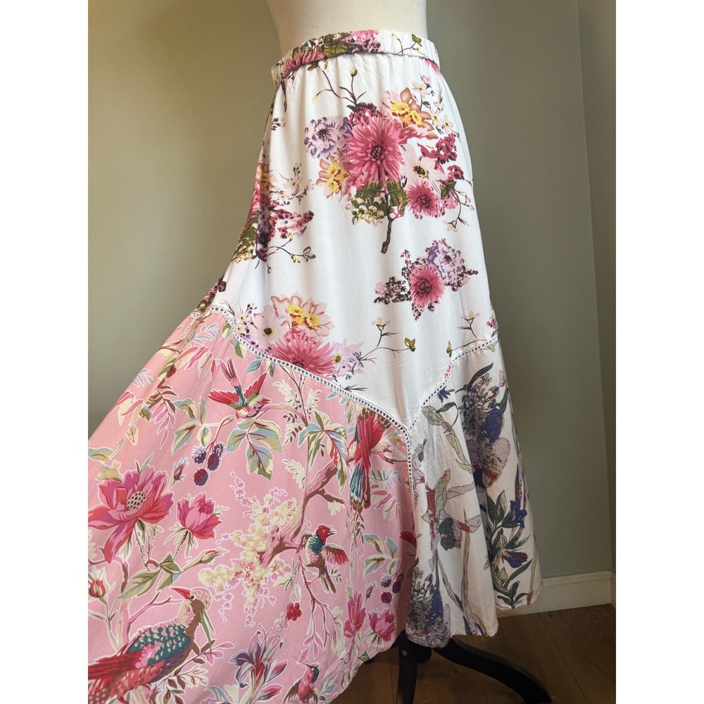 Floral Bird midi Maxi Skirt‎ Pink White boho whimsi flowy romantic dainty y2k m